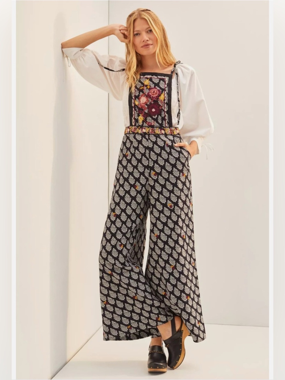 Anthropologie Embroidered Wide-Leg Jumpsuit floral patterned black white